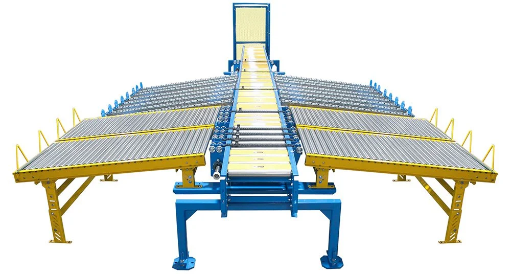 Roach lumber and door conveyor with yellow and blue frame and silver colored rollers.
