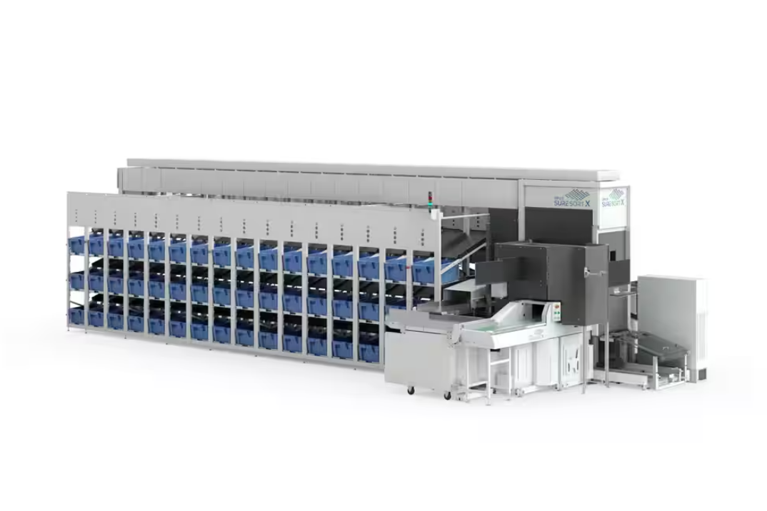 OPEX Sure Sort X product with white exterior, filled with blue totes and robotic sortation that delivers totes to manual picking station.