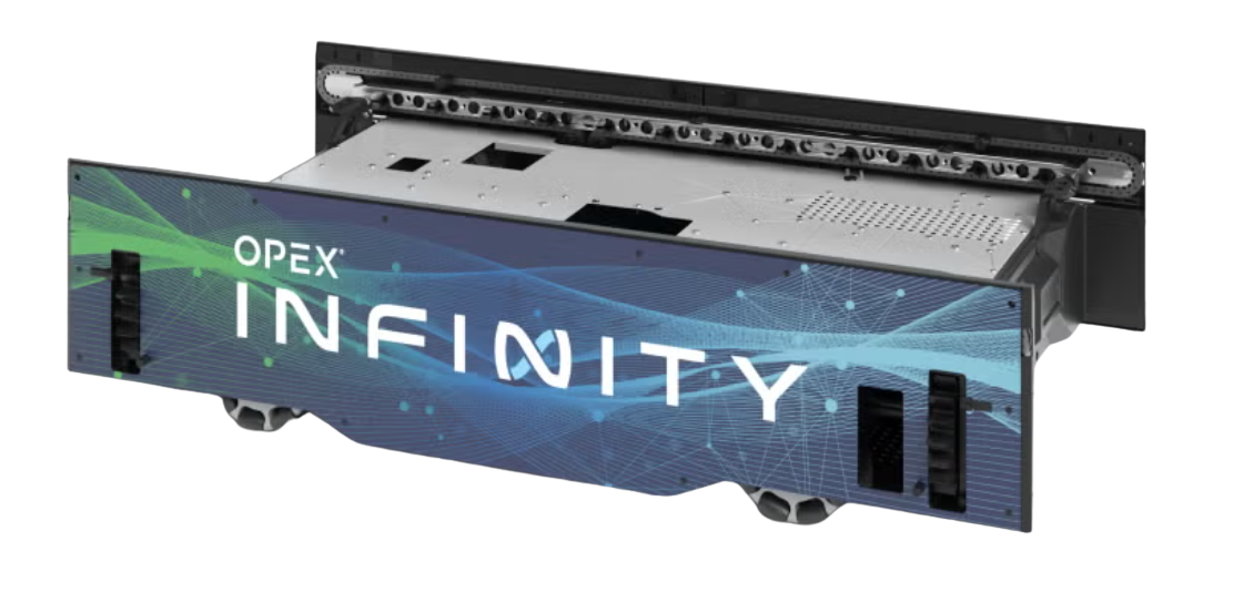 Image of robot with OPEX Infinity on the side over a digital background with wheels on the bottom that traverse the OPEX Infinity system.