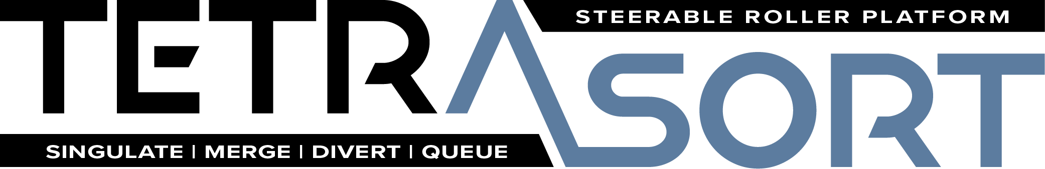 TetraSort steerable roller platform logo, steerable wheel sorter and steerable wheel technology with singulate, merge, divert, and queue in the bottom left banner and text in black and dark blue.
