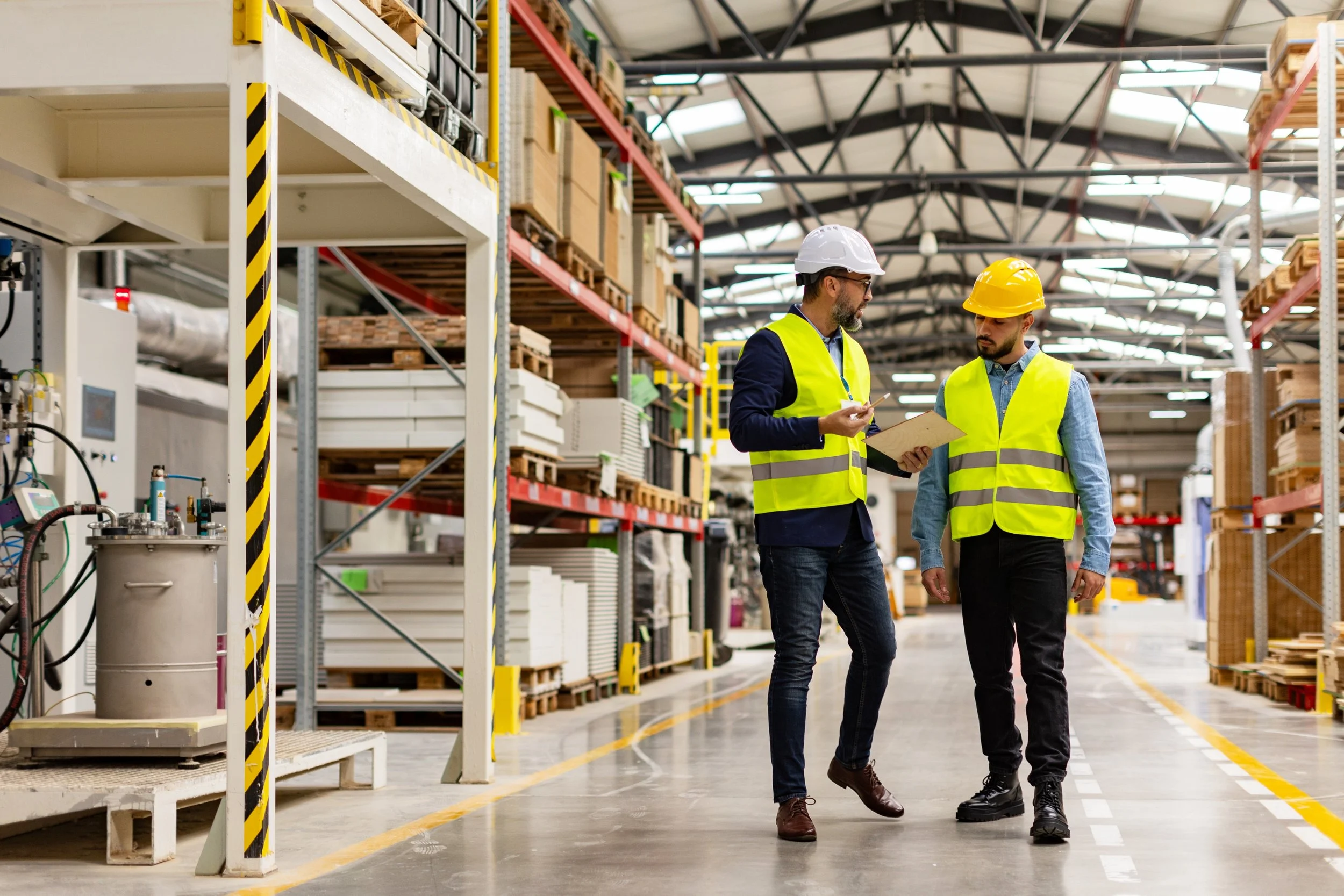 Two people walking in a distribution facility, discussing consultation services and wearing yellow safety vests.