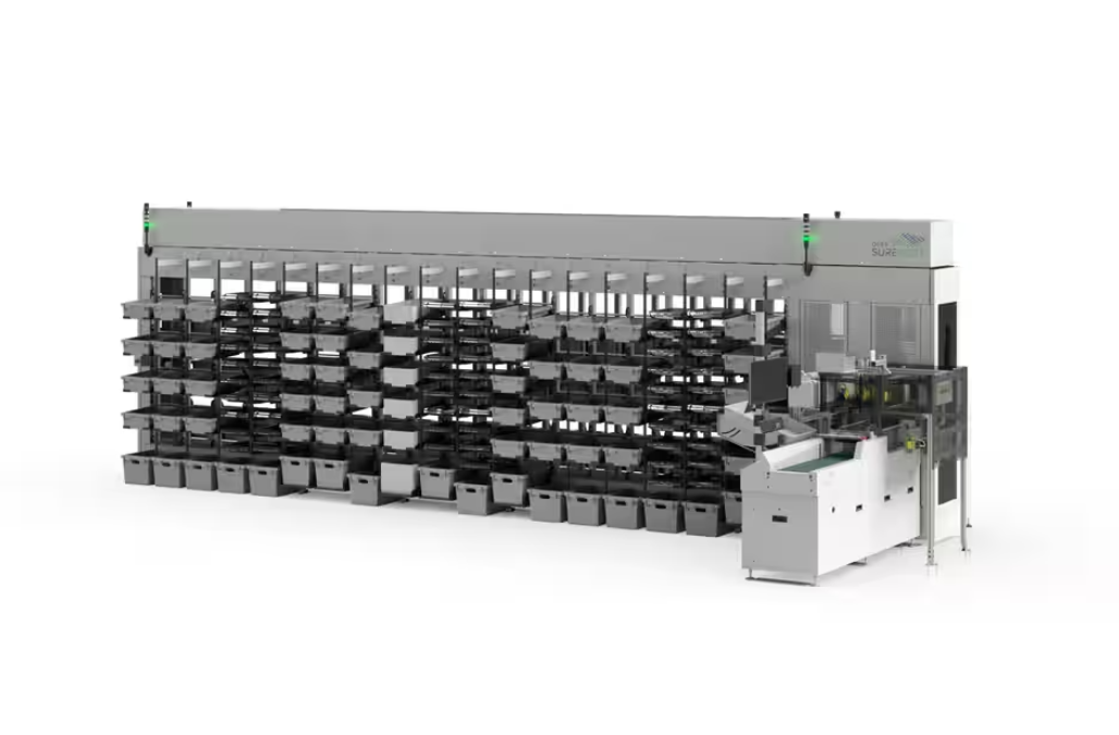 Sure Sort automated order sortation station comprised of a white storage system with gray bins in different slots with a manual picking station and no background.