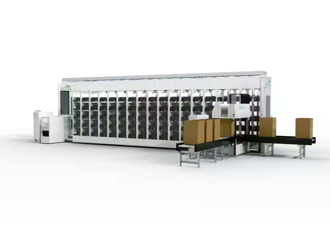 OPEX Sure Sort X with Xtract robotic sortation solution with white exterior and gray totes filling storage bins and picking station.