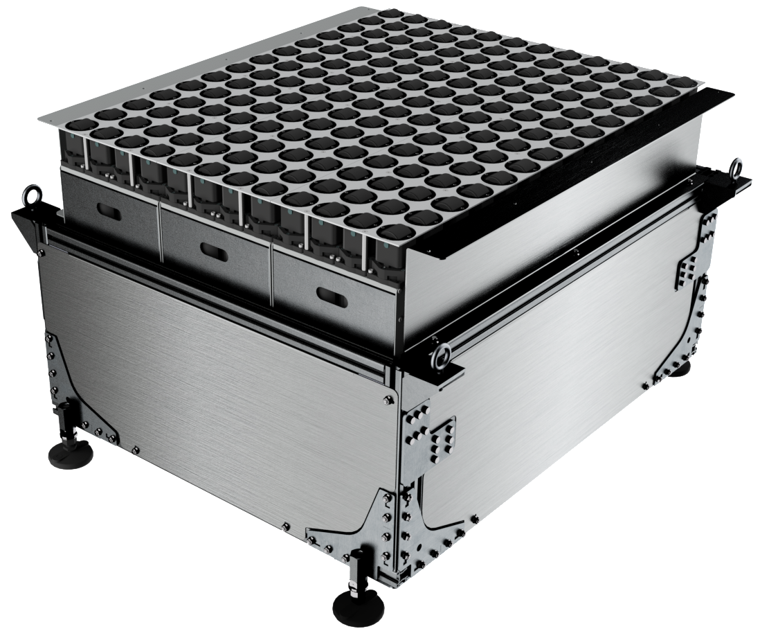 Aegis TetraSort table with no background. Metal rectangle with table of steerable, black wheels on top and rubber feet.