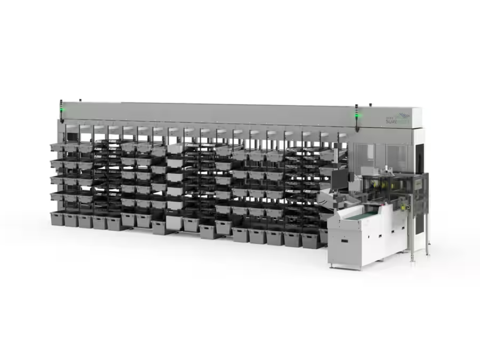 OPEX SureSort product with white exterior frame and multiple bins operated by iBots to pick products.