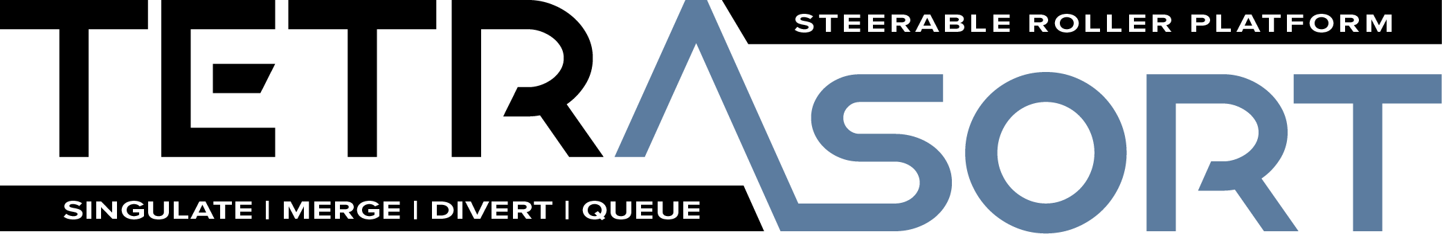 TetraSort steerable roller platform logo, steerable wheel sorter and steerable wheel technology with singulate, merge, divert, and queue in the bottom left banner and text in black and dark blue.