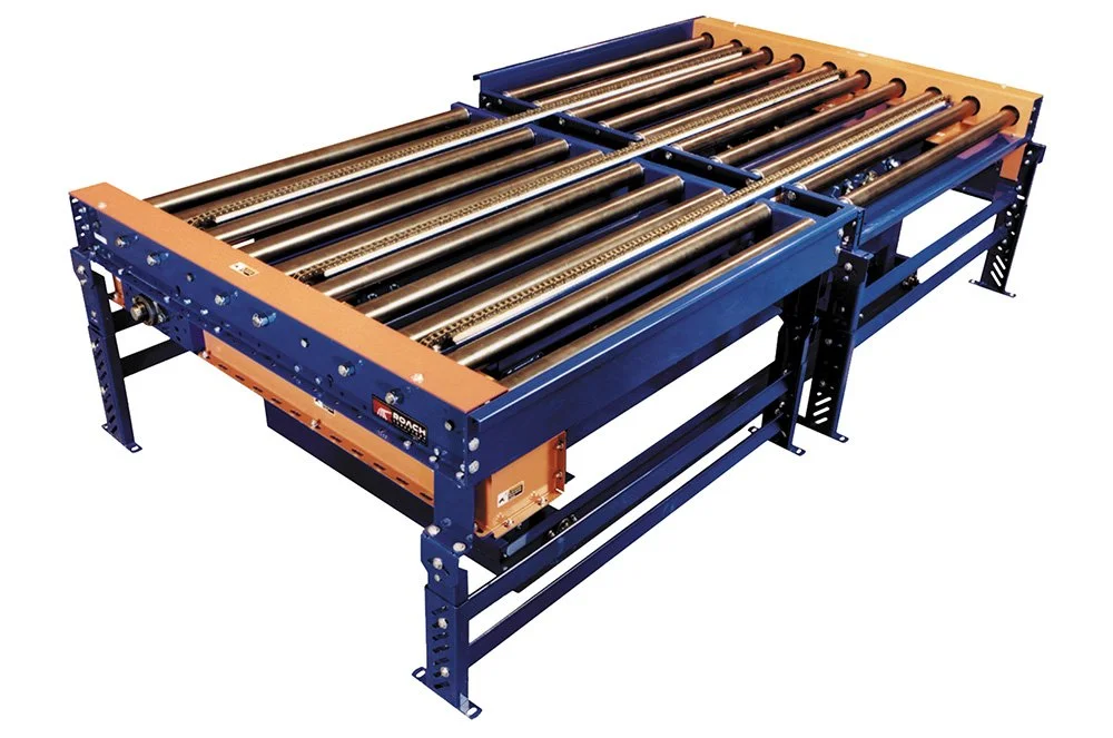 Roach conveyor transfer with blue frame and orange side panels on white background.