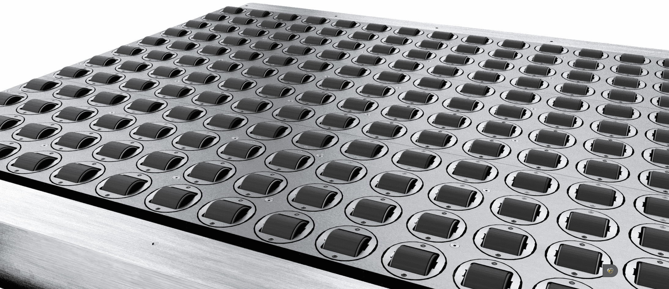 SmartSort table containing rows of 1x4 steerable wheel modules that are used to divert, singulate, and merge products on conveyor.