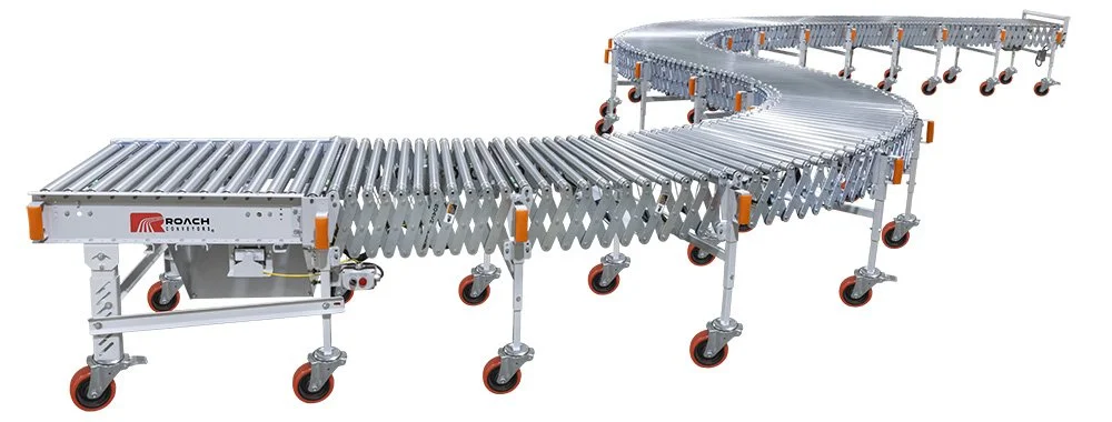 Roach flexible conveyor with accordion-style metal sections that expand and retract and caster wheels for easy deployment and flexibility.