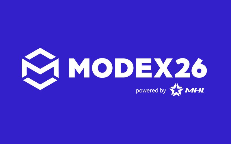 MODEX 2026 logo for trade show attendees with white font and purple background along with MHI logo.