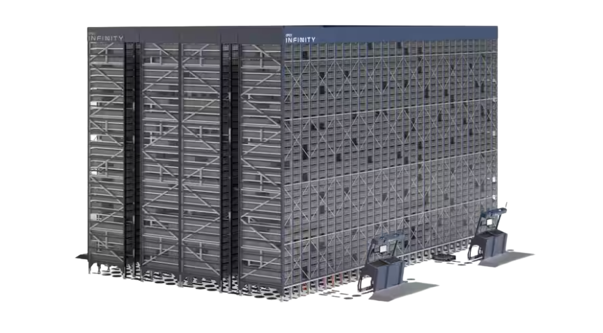 OPEX Infinity automated storage and retrieval system (AS/RS), a rectangular dense storage system with robotic AGVs collecting items and depositing them in bins for picking and distribution.