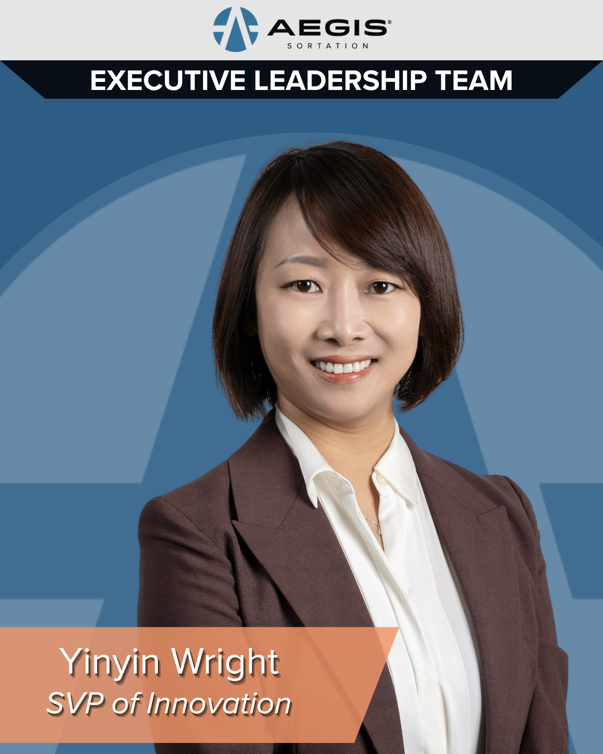 Image of new Aegis ELT member Yinyin Wright with blue background containing the Aegis logo and her name and title presented at the bottom left.