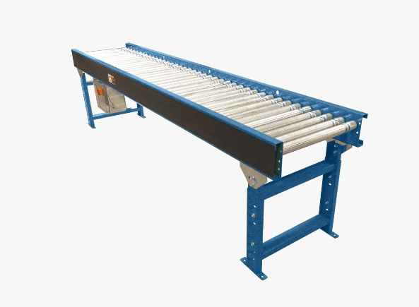 A blue roller conveyor with metal cylindrical rollers and a white background, used in warehouse and distribution operations.