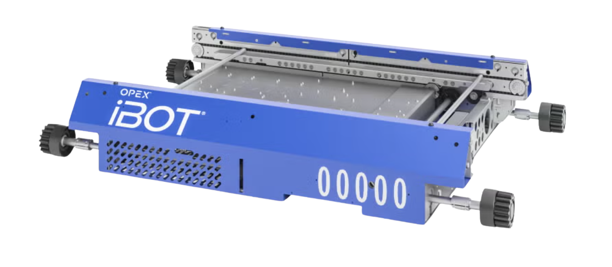 OPEX Perfect Pick iBOT with rollers on both sides, a blue outer frame and silver inner frame that navigates Perfect Pick AS/RS systems in warehouse and distribution centers.
