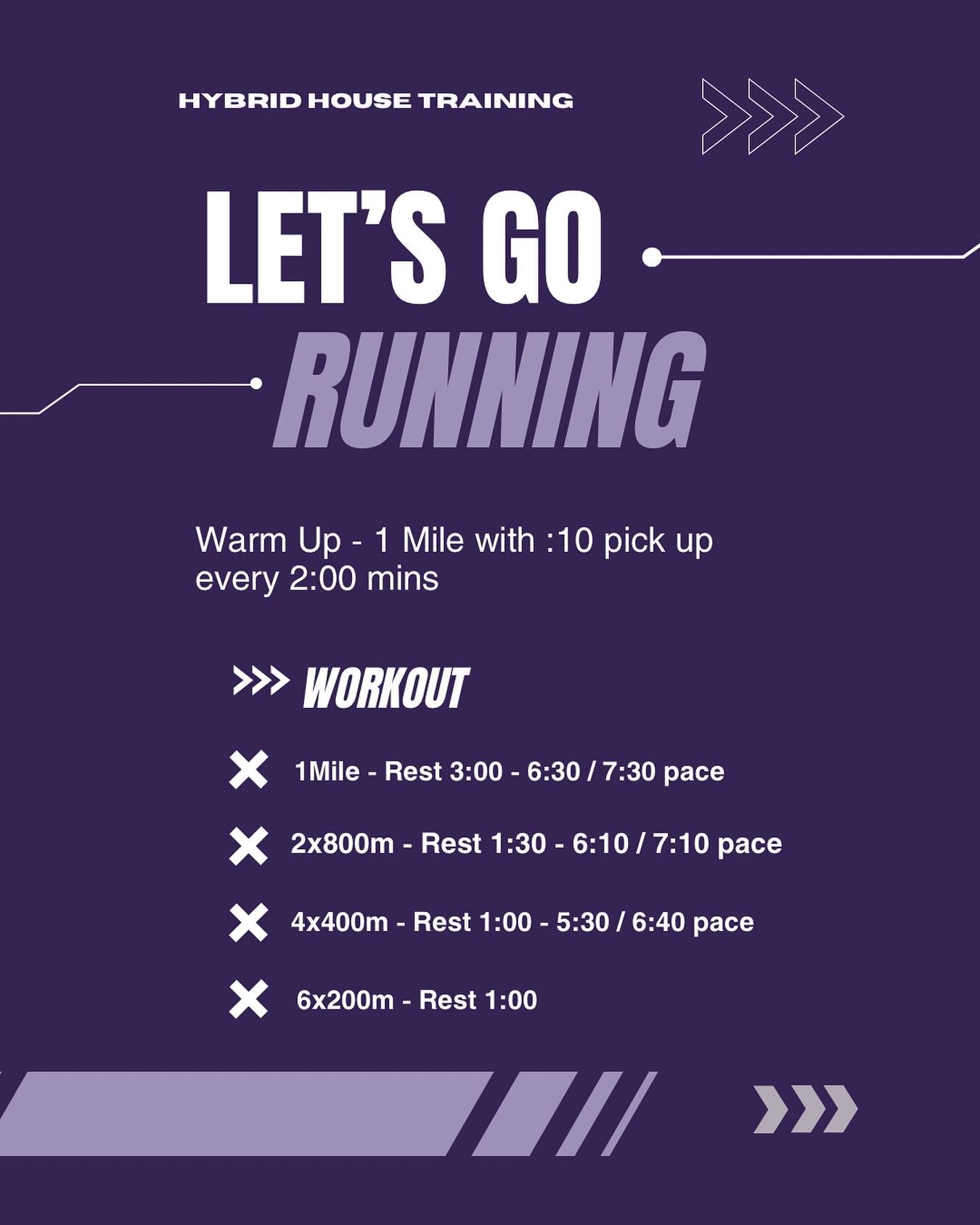 Here&rsquo;s a quick running workout for you to give a try this week with some suggested pace work! 🔂💨
&bull;
&bull;
&bull;
&bull;
Grab a friend, hit the track, &amp; give this a whirl! 

#hybridhousetraining #hybridathlete #running #trackworkout #