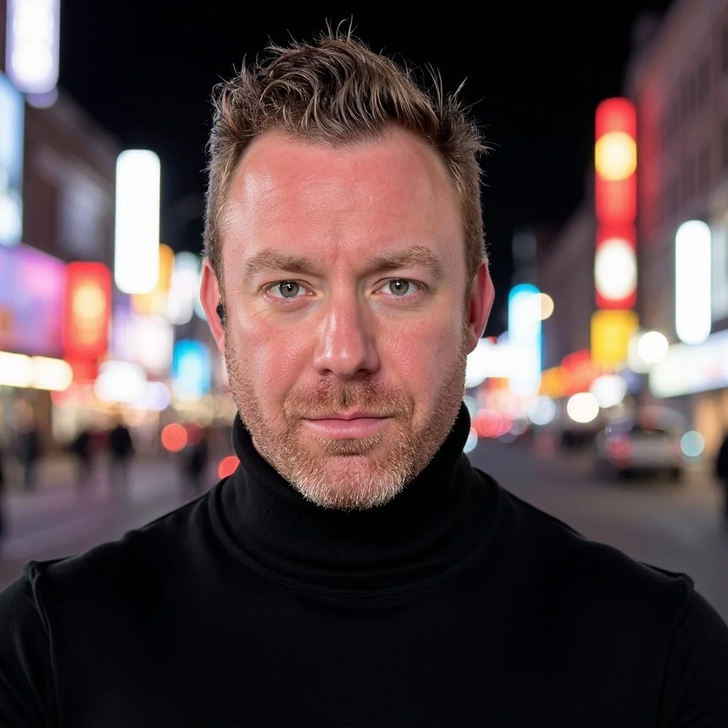 A man with short, light brown hair and a beard, wearing a black turtleneck, stands on a brightly lit city street at night with colorful blurred neon signs in the background.