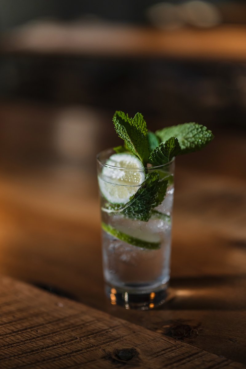A tall glass of water with lemon slices and fresh mint leaves garnished on top placed on a wooden table.