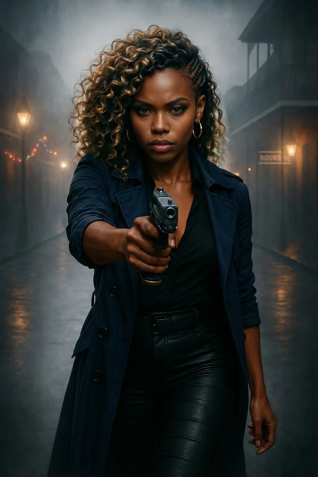 A woman with curly hair pointing a gun directly at the camera, standing on a foggy street at night.