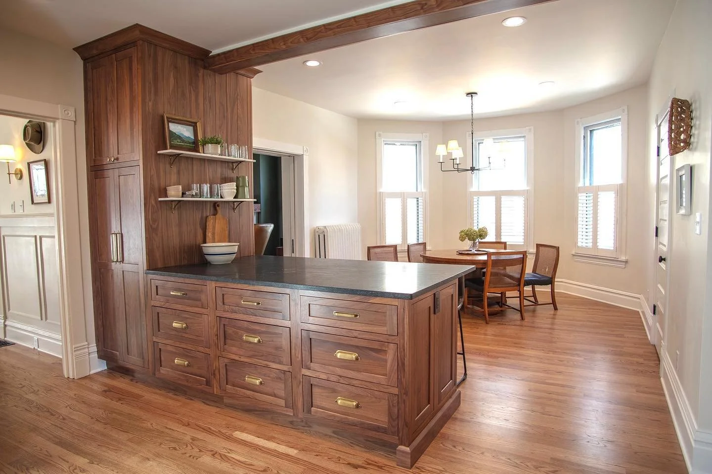 Kitchen reveal! Our kitchen is exactly what I envisioned and we could not be happier with it. I chose materials that would stand the test of time, and honor the age of our home. Walnut cabinets, honed granite countertops that look like soapstone, ant