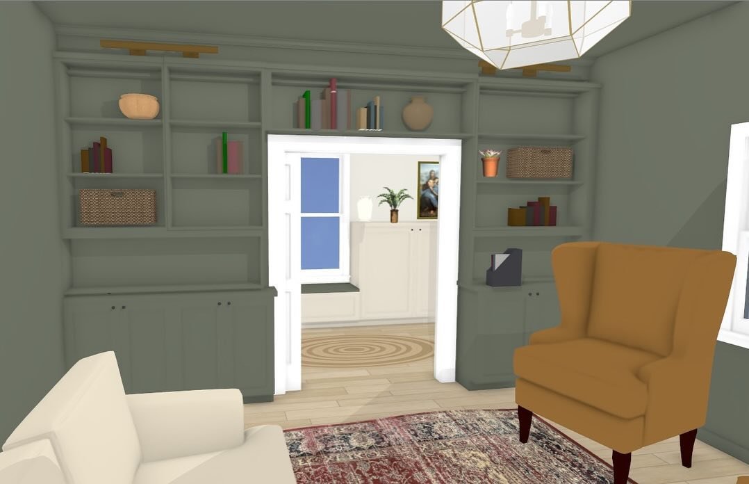 Dreaming of some built-ins in our green room and using my new rendering skills to plan them out. Do you have a project that you need help visualizing? DM me for rendering information.