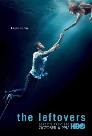 A person underwater reaching out to a girl floating on the water's surface, with text indicating it is promotional material for HBO's series "The Leftovers" premiering on October 4th at 9 PM, and a message "Begin again."