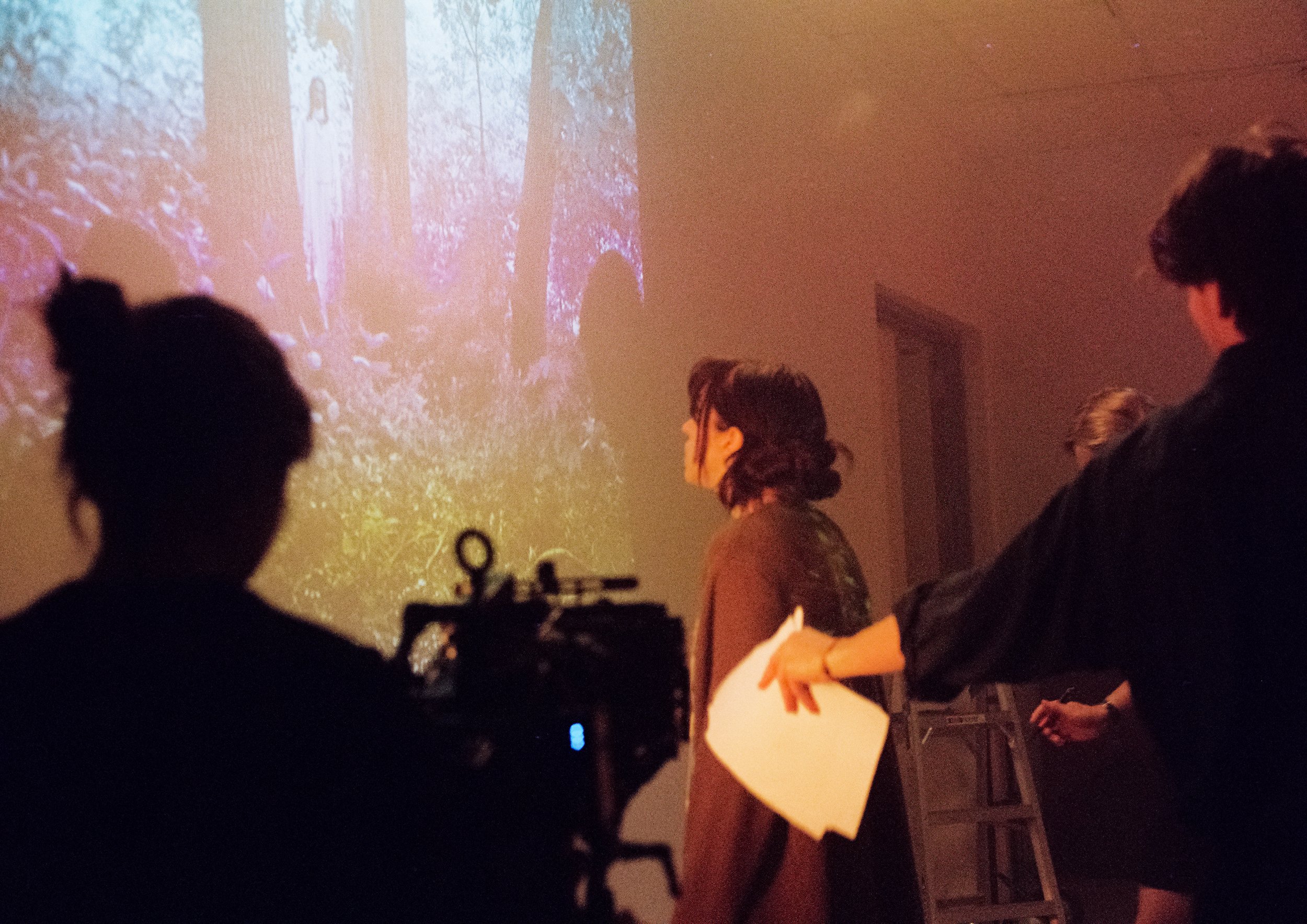 People behind a camera looking at a projection on the wall showing a forest scene with tall trees.