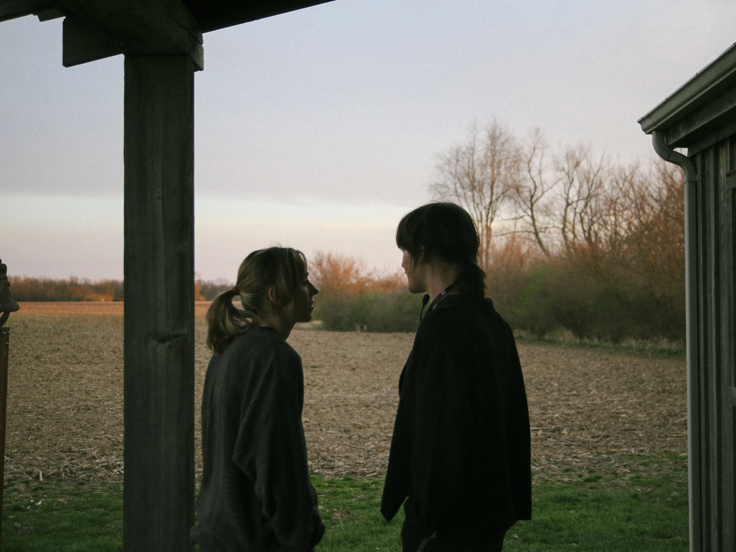 Two people stand closely together under a porch on a rural landscape during dusk, with leafless trees and orange-tinted sky in the background.
