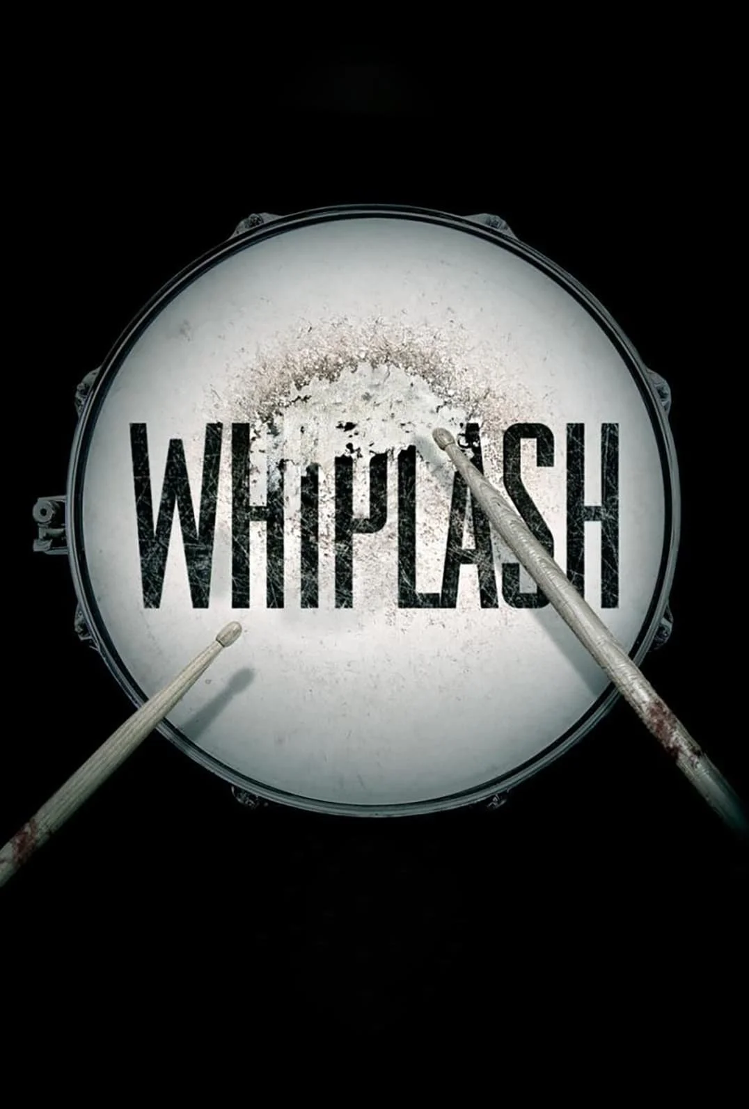 A white drum with the word 'WHIPLASH' written inside. Two drumsticks are striking the drum, and the background is black.