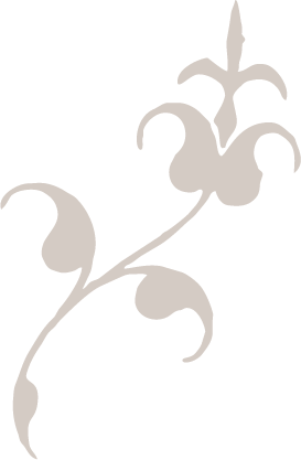 Silhouetted floral design with a flower at the top and decorative leaves along a curved stem.