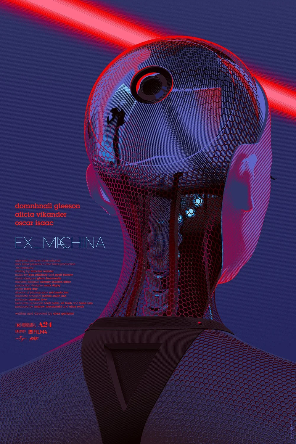 A futuristic digital artwork of a humanoid robot with a wireframe and honeycomb pattern, featuring a spherical head with a camera lens, set against a geometric purple and red background.