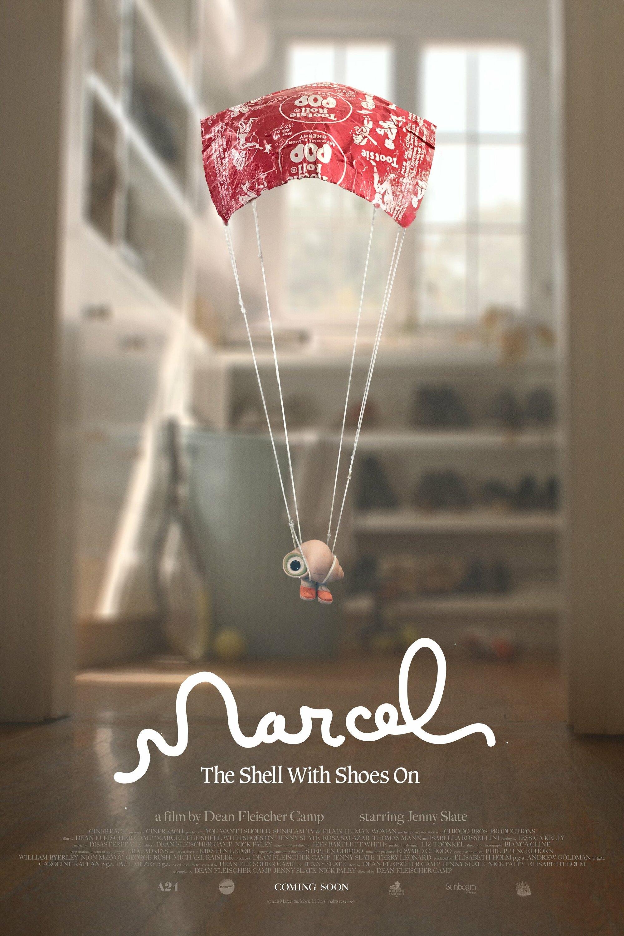 Movie poster for 'Marcel the Shell With Shoes On' featuring a small shell character with large eyes and shoes, holding three balloons, with sunlight coming through a window in the background.