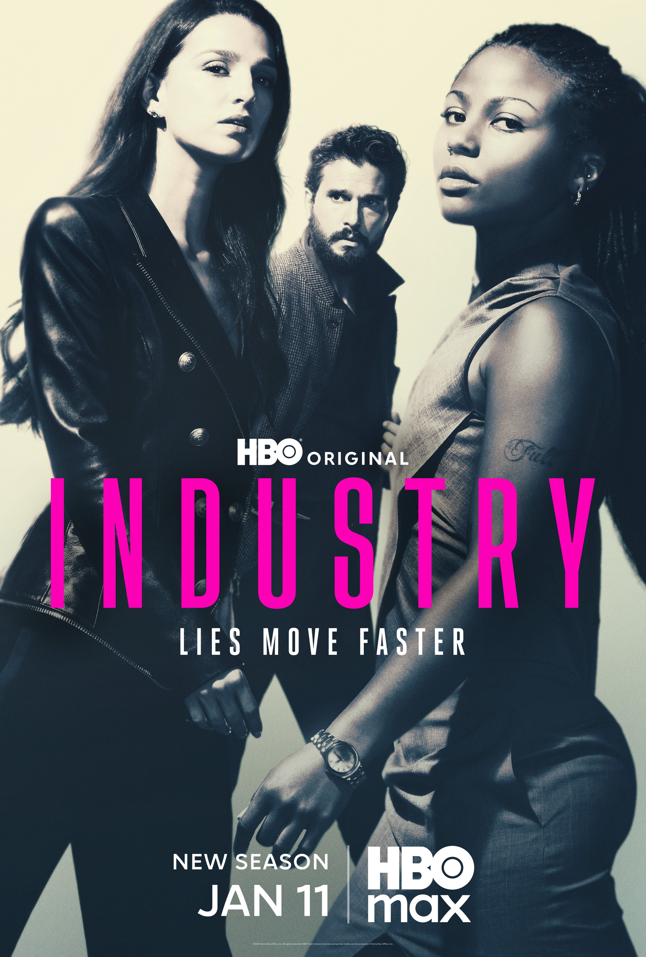 Group of three diverse people posing together for promotional poster, with text about a new season premiering on HBO Max in January.