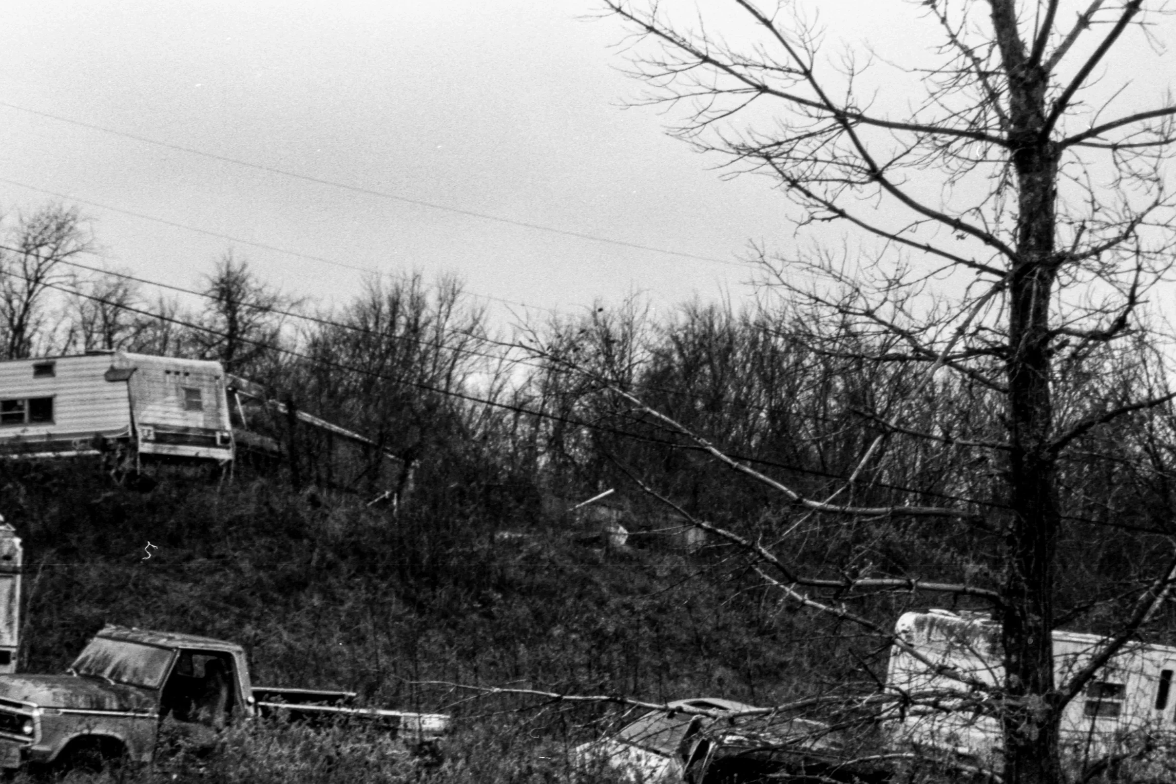 Black and white photo of leafless trees, a fallen tree, a damaged house, and abandoned vehicles.