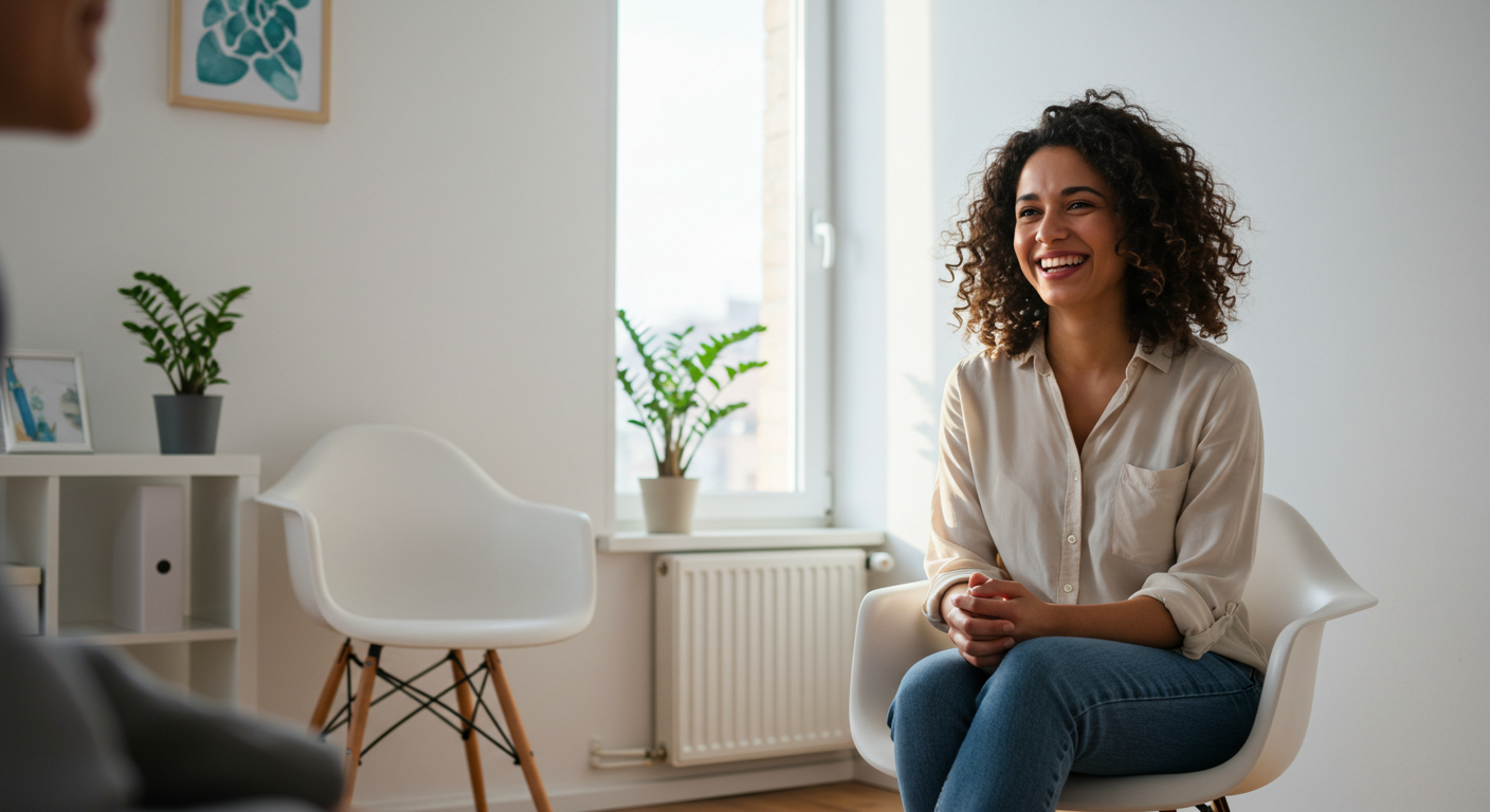 A woman sitting and smiling during a conversation in a well-lit room with a window, plants, and modern furniture.