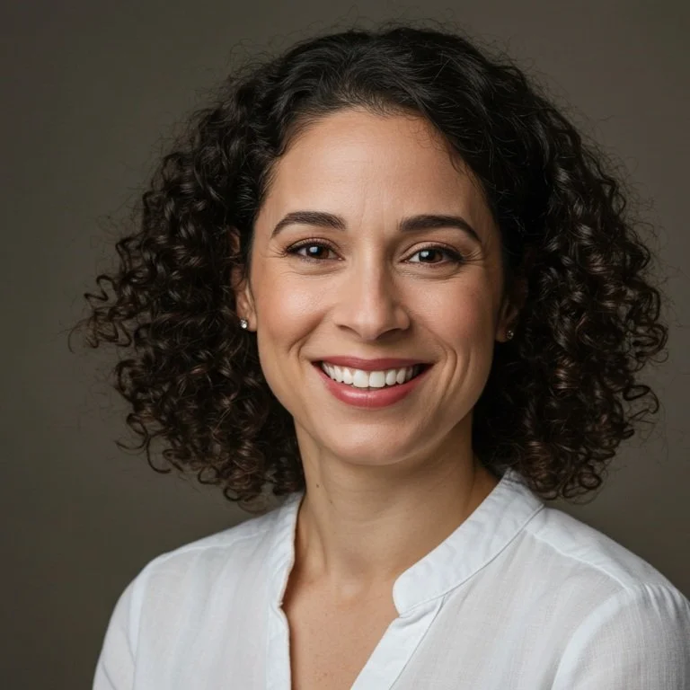 A woman with curly dark hair smiling, wearing a white blouse, in a studio portrait setting.