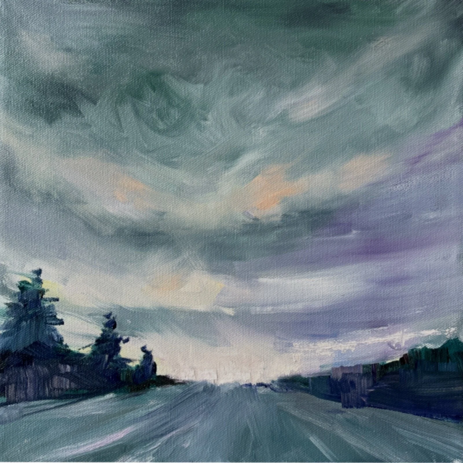 A painting of a cloudy sky over an empty road with trees on the sides, using impressionistic brush strokes and a muted color palette of blues, grays, and soft pastel hues.
