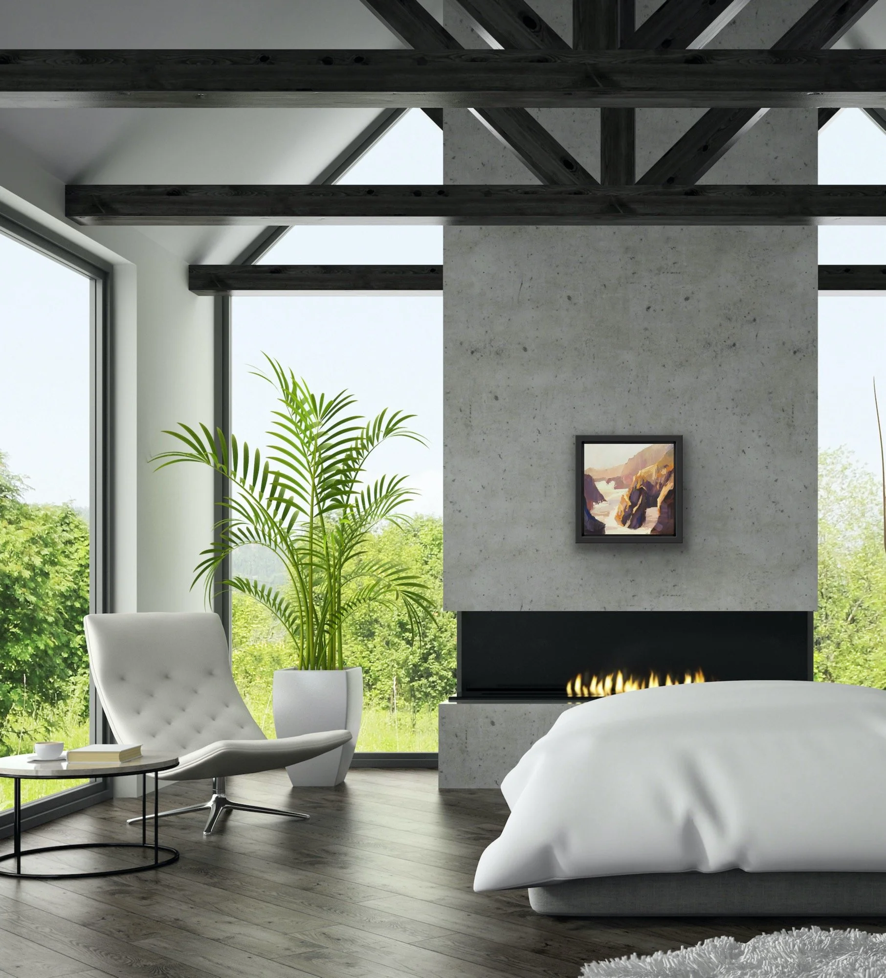 Modern living room with large windows, a potted plant, a white lounge chair, a coffee table with books and a cup, a bed with white bedding, a fireplace, and a landscape painting on a concrete wall.