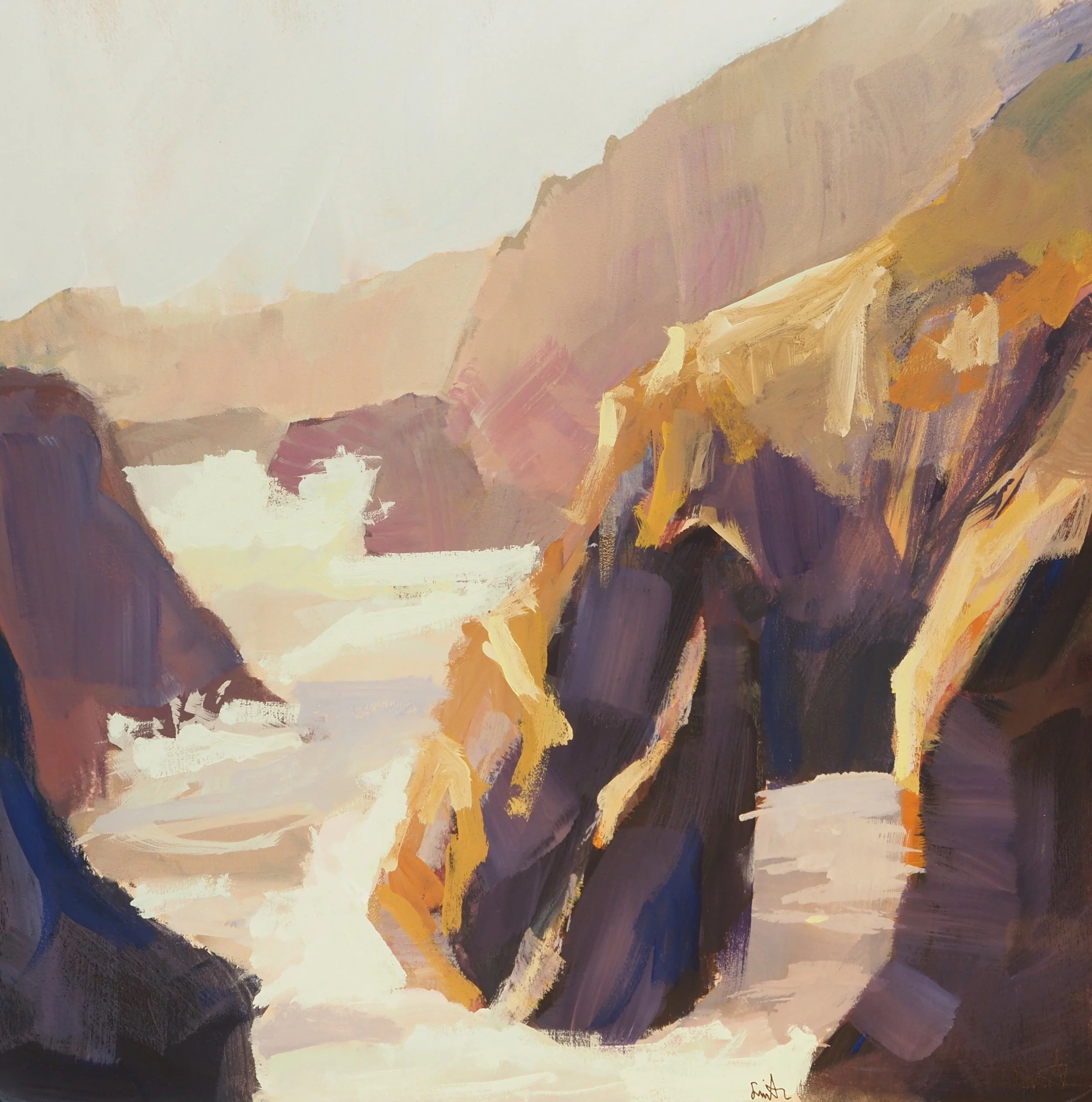 A mountain landscape painting with rugged cliffs and snow-covered peaks in warm earthy tones and soft pastels.