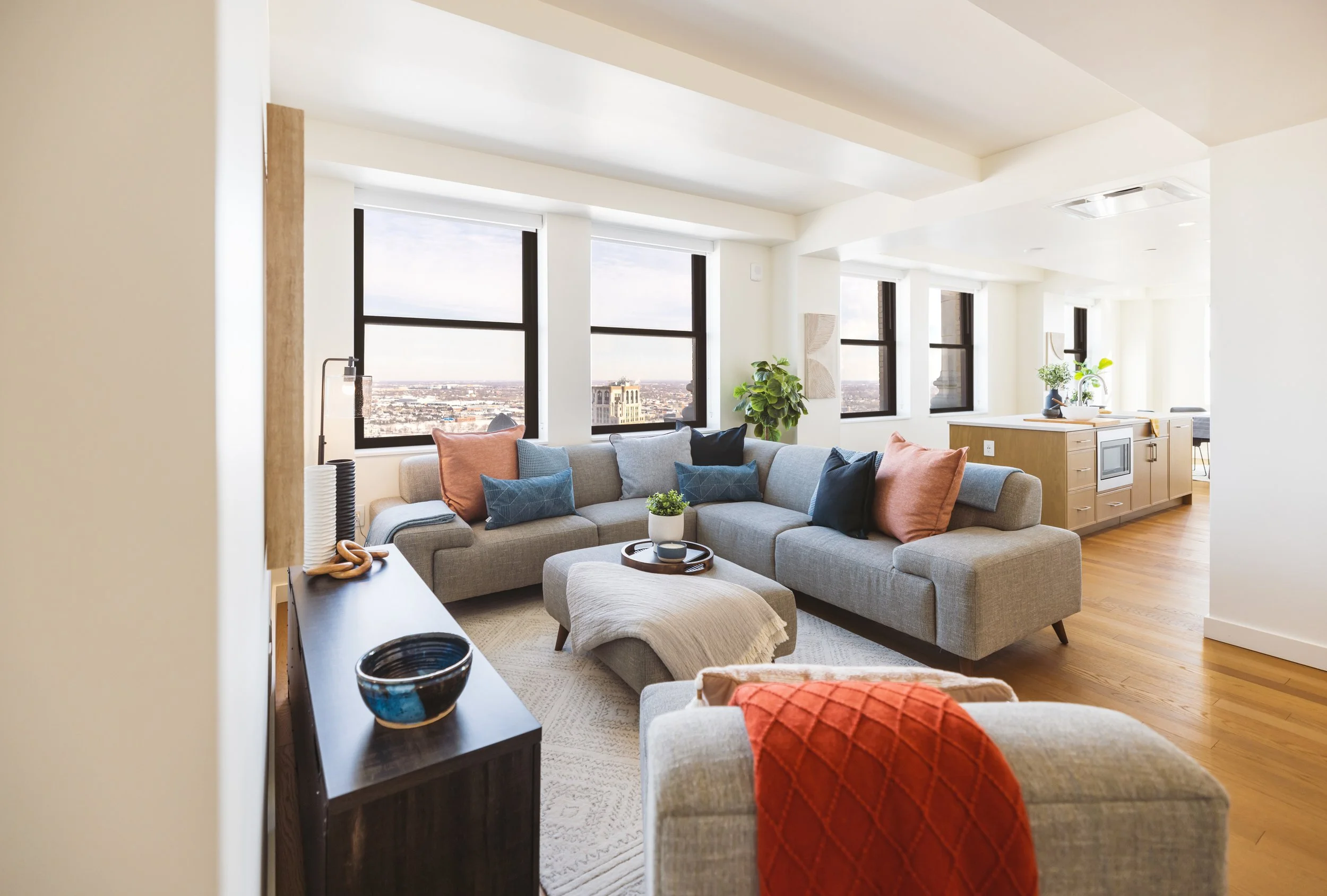 Interior of a staged unit at Book Tower residences in Detroit.