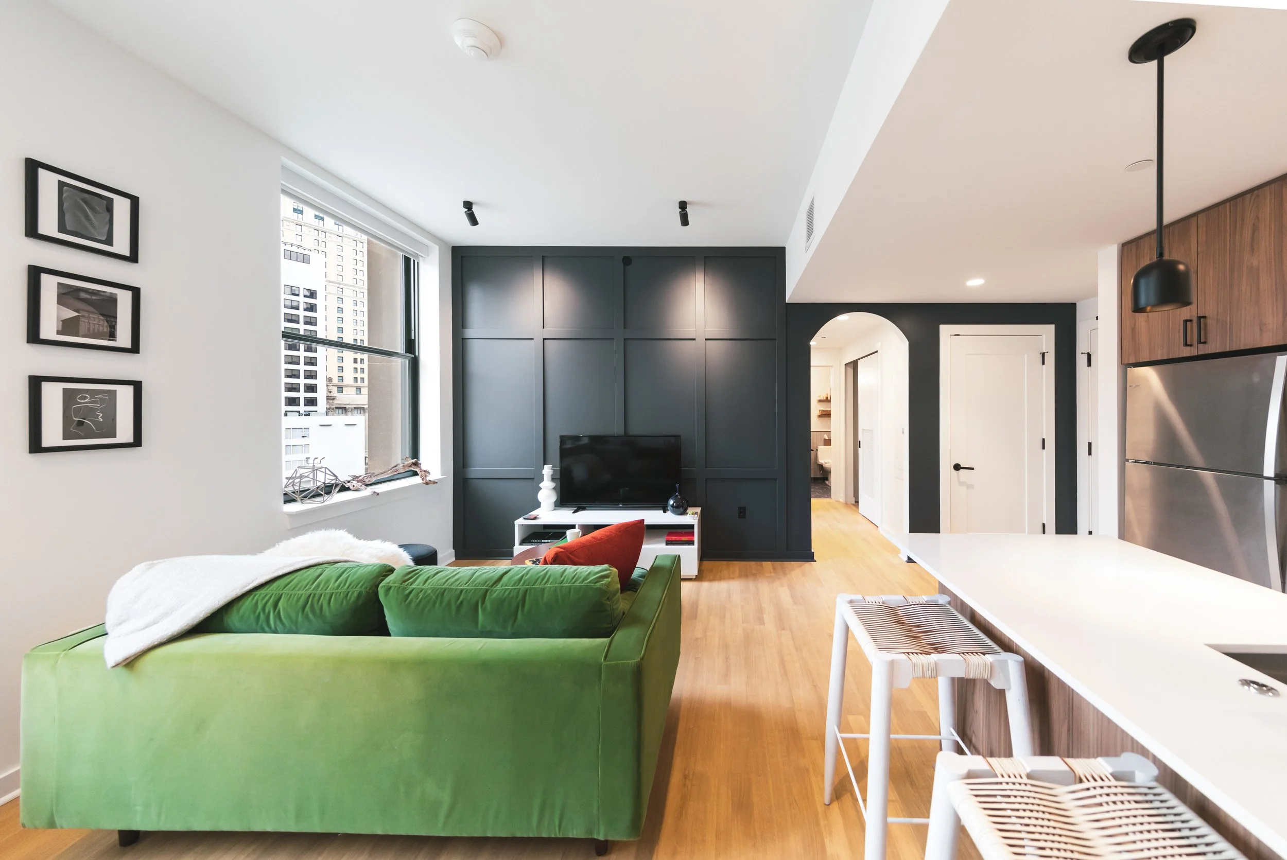 Interior photo of a staged unit at The Press/321 apartments in Detroit.