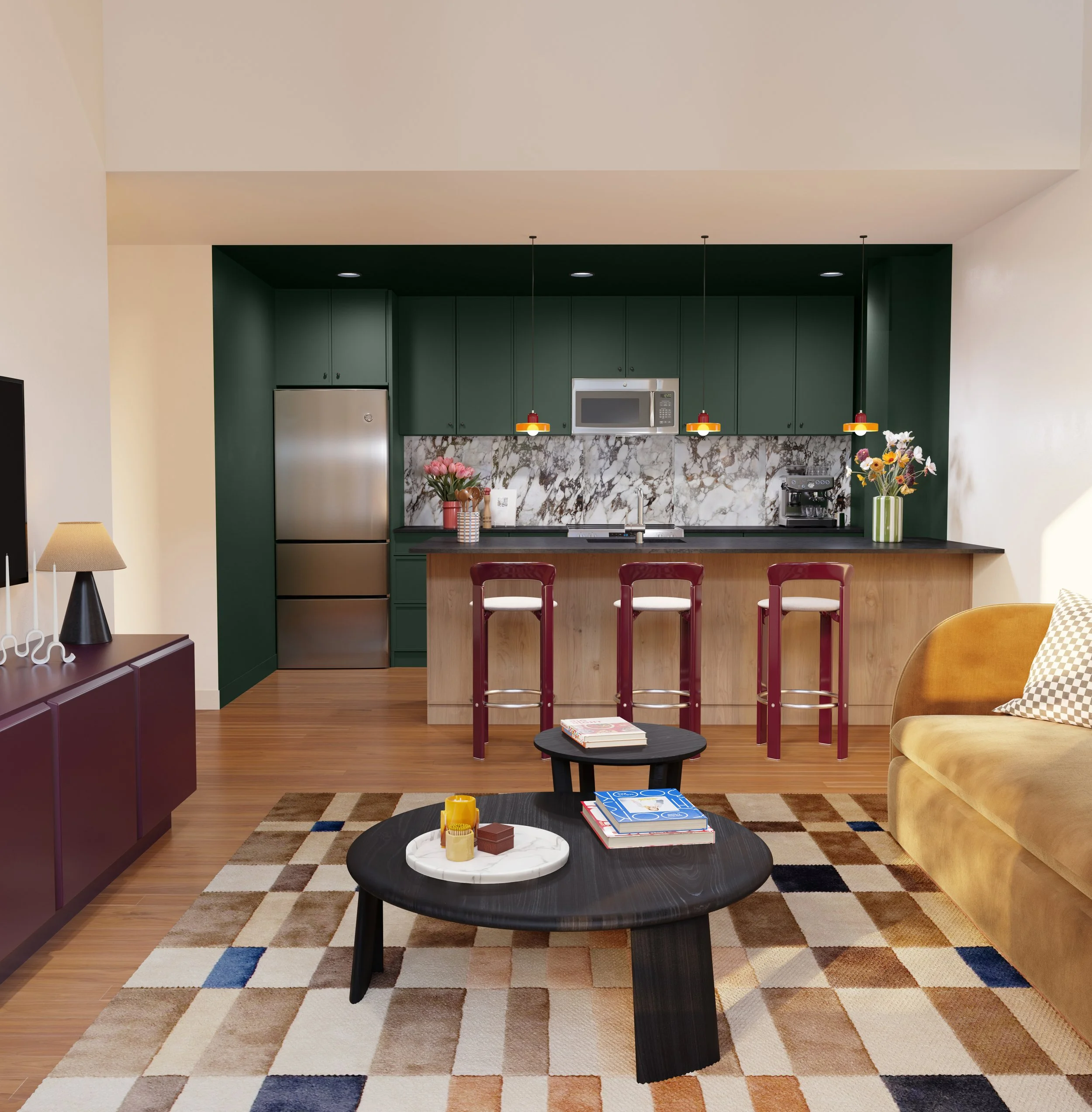 Rendering of The Belle apartment unit with full furnishing.