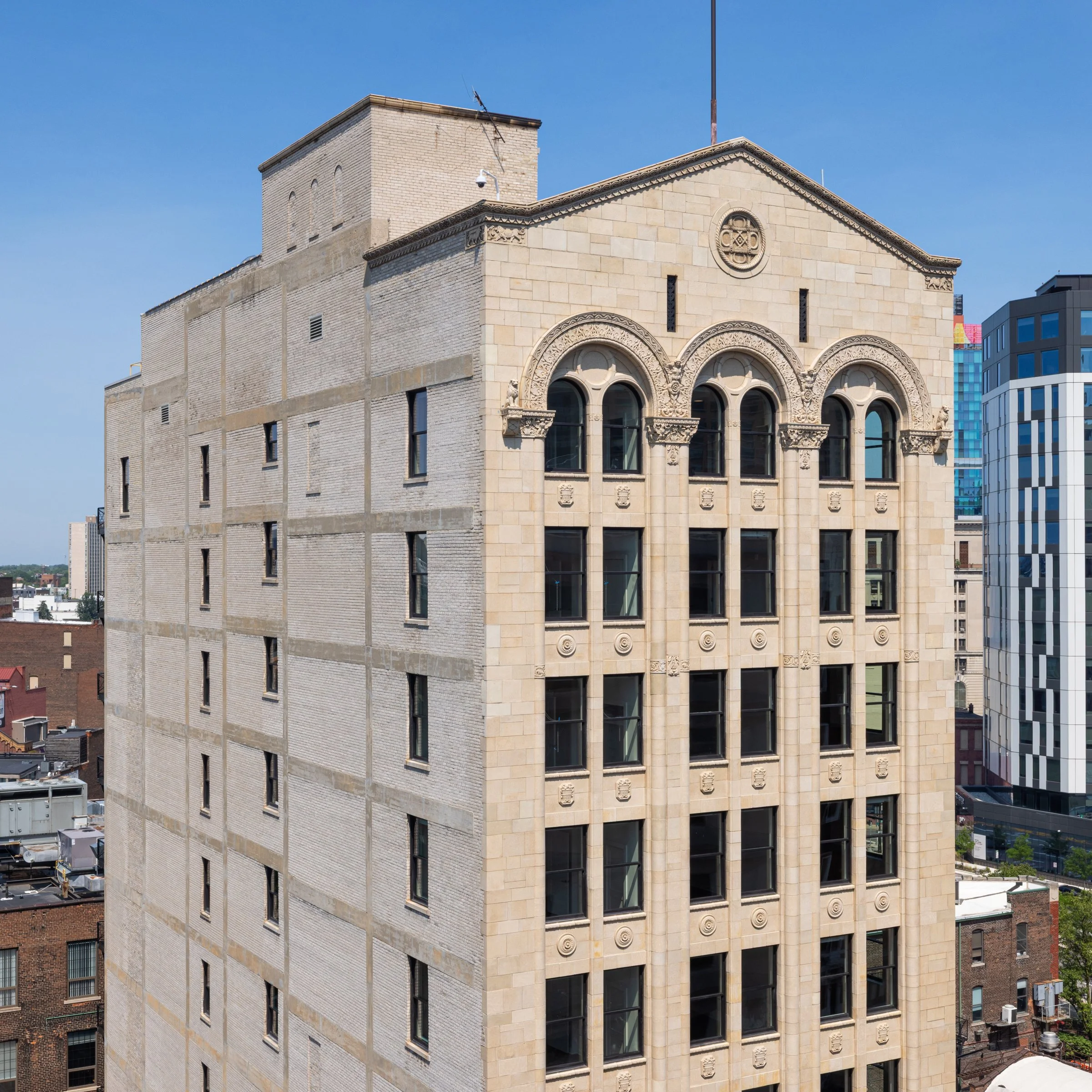 Exterior of The Belle apartment building in down Detroit.