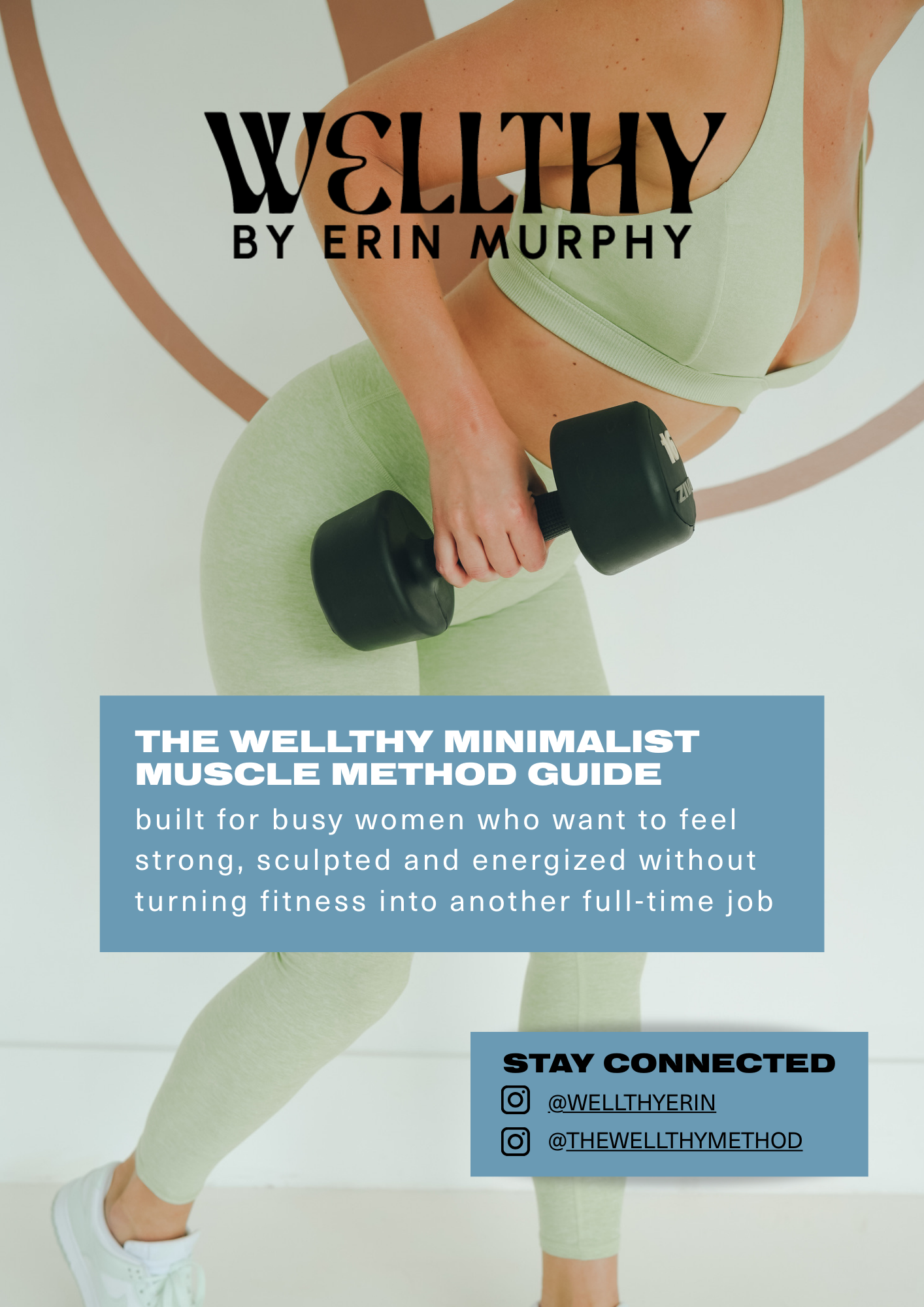 A woman in light green athletic wear holding a dumbbell while doing a workout, with text promoting a minimalist muscle guide and social media contacts.