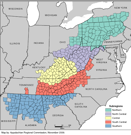 Map of Appalachia, Divided into Subregions (ARC)-linked on image