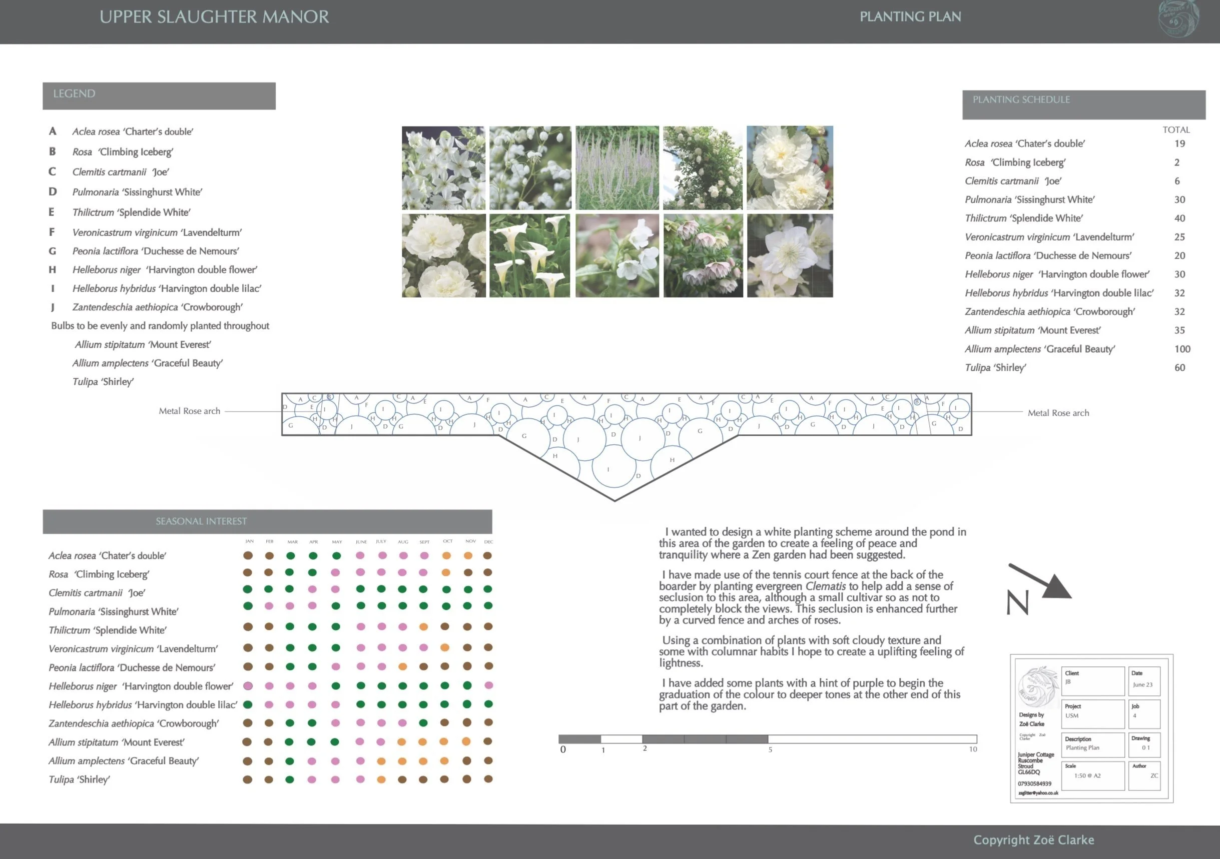 A planting plan titled 'Upper Slaughter Manor' featuring a legend with plant names, images of flowers, and a planting schedule. The plan includes a green landscape layout with plant arrangement details and seasonal interest information.