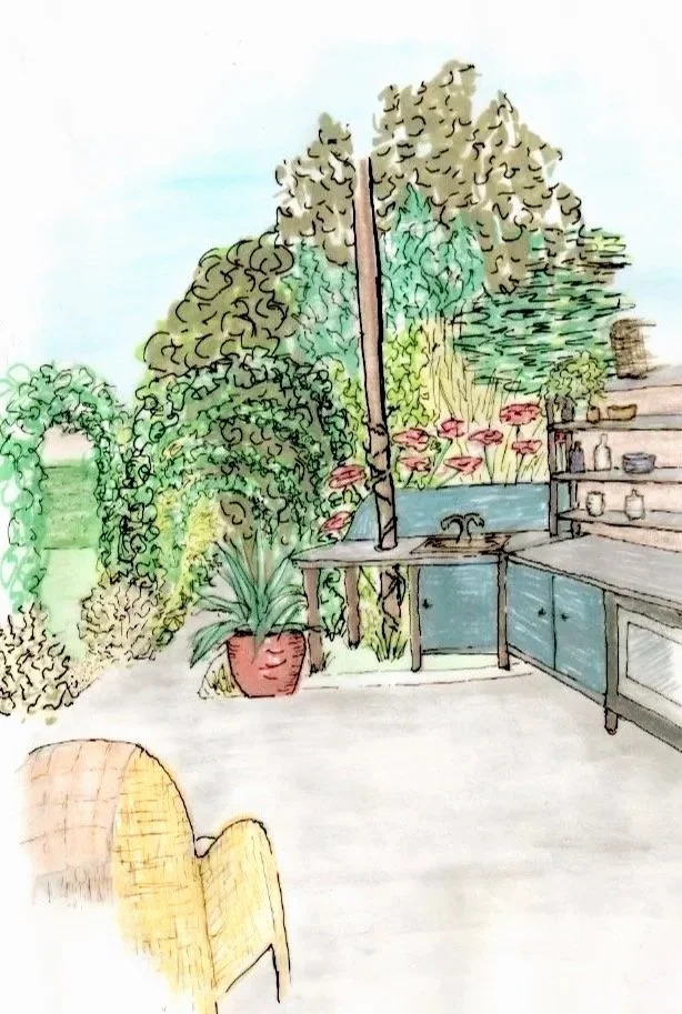 A watercolor illustration of a cozy outdoor kitchen with a sink, shelves with jars, potted plants, and lush greenery and trees in the background.