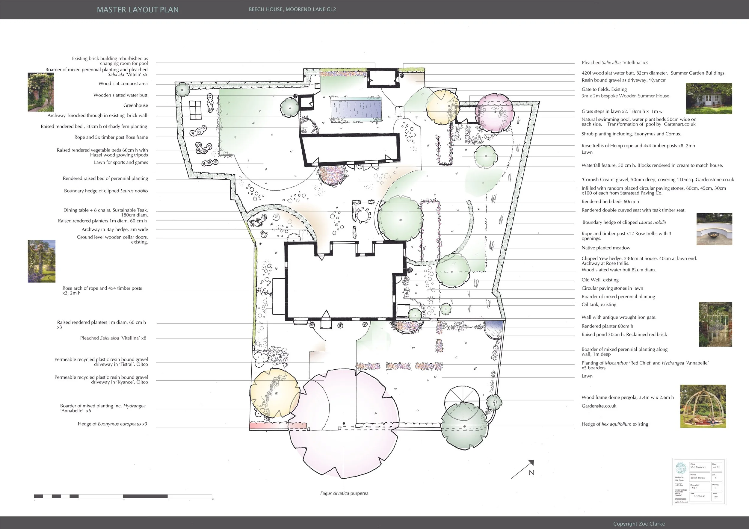 A detailed landscape design plan for a house and garden with various plantings, trees, pathways, water features, and structural elements, including labels and measurements.