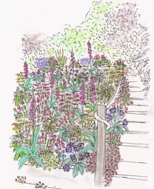 A colorful watercolor illustration of a lush garden with a variety of flowers, plants, and a staircase on the right side.