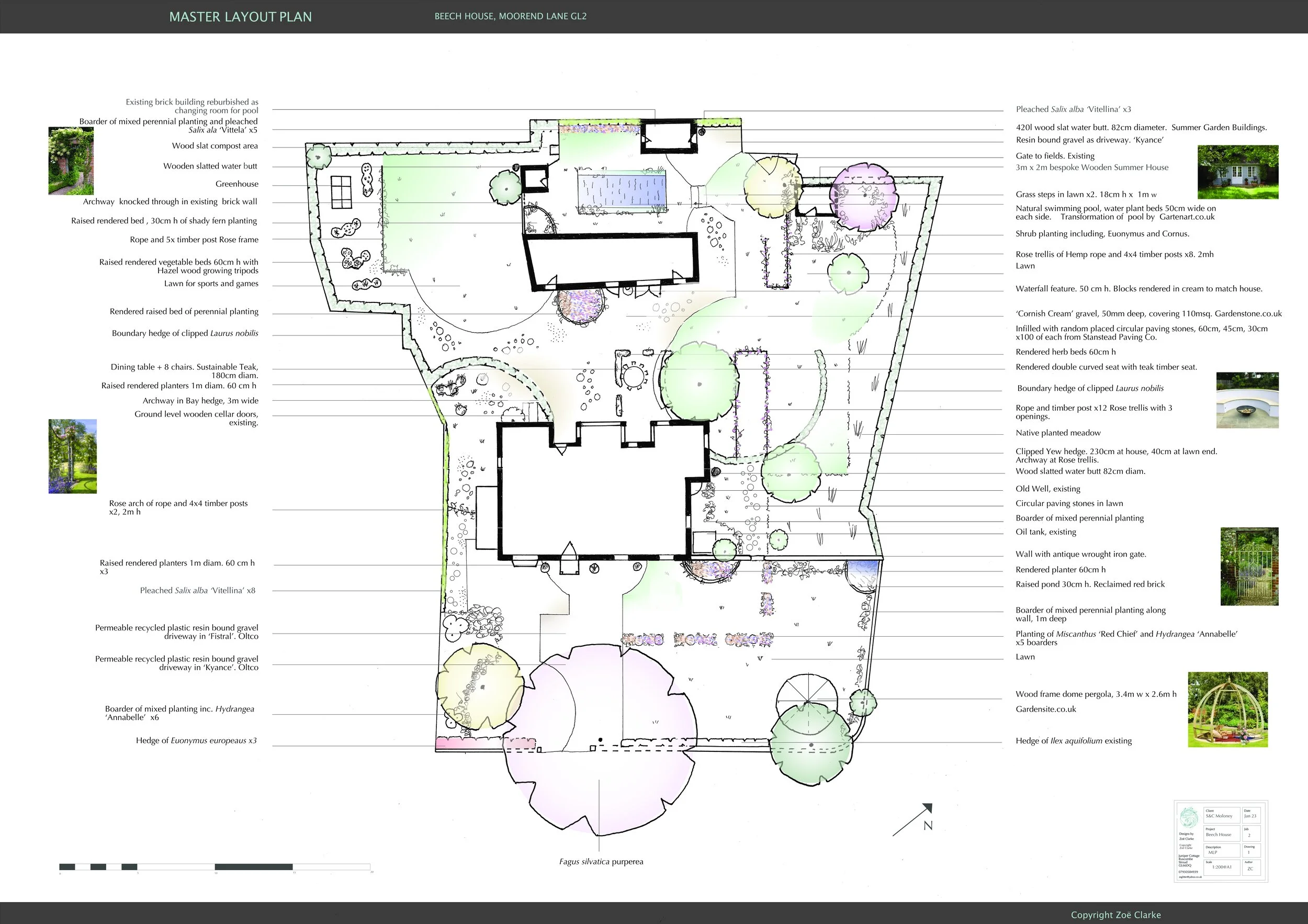 A detailed landscape design plan for a garden and yard, including various planting areas, water features, pathways, and structures.