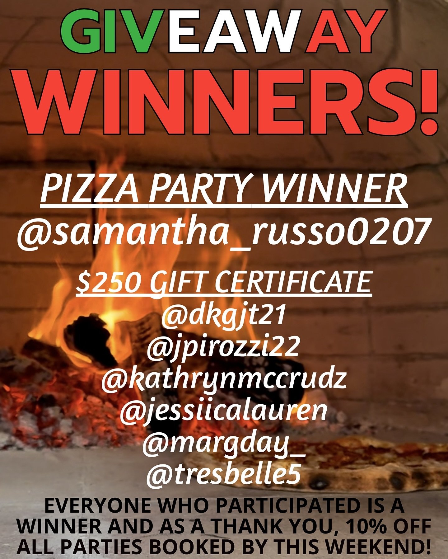 Thank you to all of our amazing followers, we couldn&rsquo;t have asked for a better outcome! We added a few extra winners just because it went so well. Take advantage of the 10% this weekend! 🍕🍕🍕 Winners please message us!